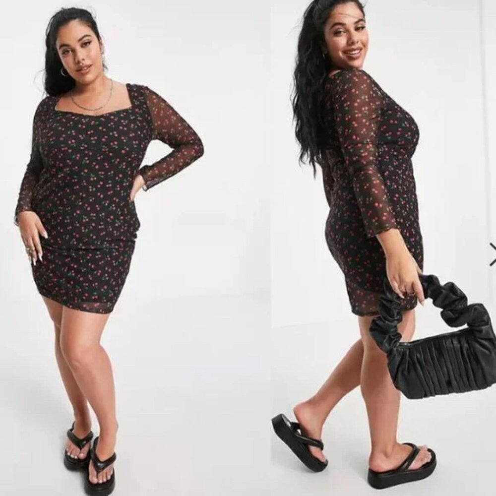 ASOS Design Curve Womens Black Cherry Print Dress Size 24